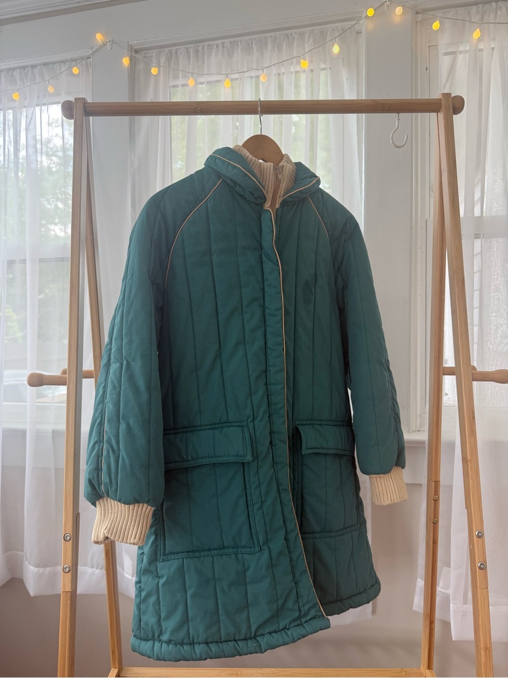 Teal Quilted Hooded Coat with Cream Knit Cuffs